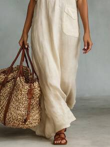 Balvessa Đầm casual cổ chữ V thêu tay dài 3/4 - Màu be - Xem 5