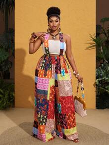 Maweii Mono de talla grande para mujer con estampado retro patchwork - Multicolor - Ver 1