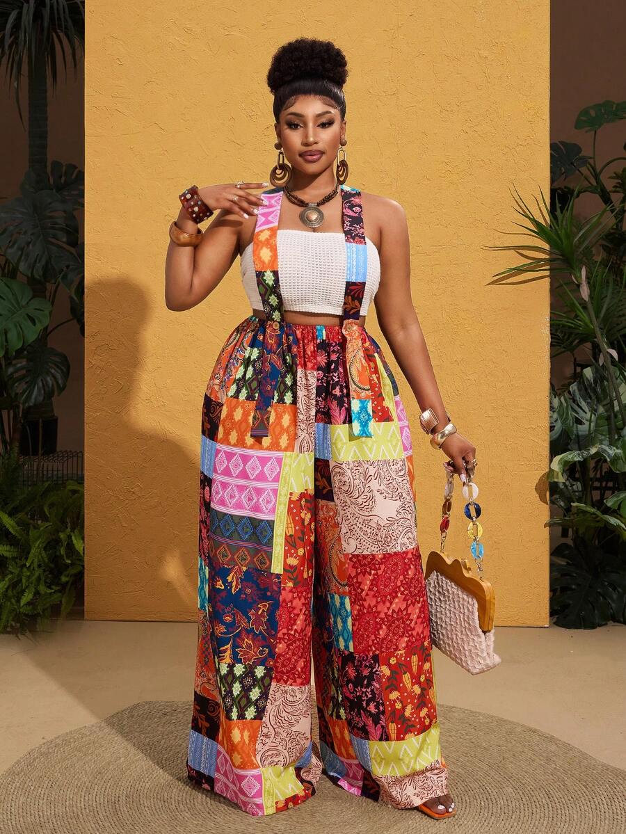 Maweii Mono de talla grande para mujer con estampado retro patchwork - Multicolor - Ver 1