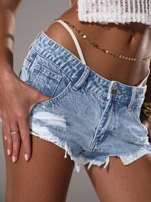 TRNVIE Women's Low Waist Pocket Distressed Frayed Hem Denim Shorts - Light Wash - View 4