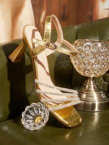 CUCCOO TILAWA Sandal Hak Tinggi Elegan Wanita dengan Ujung Persegi dan Hiasan Berlian Imitasi, Bahan PU dengan Motif Batu Emas Gelap, Sepatu Musim Semi, Liburan Musim Semi, Paskah, Sepatu Makan Malam, Natal, Sepatu Hak Tinggi Musim Panas untuk Hari Valentine - Emas gelap - View 3