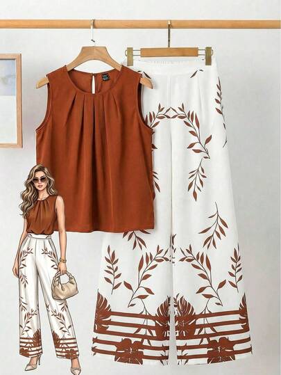 Ellevyn Conjunto de 2 piezas de top plisado de unicolor elegante y pantalones de pierna ancha para mujer, adecuado para uso diario y vacaciones