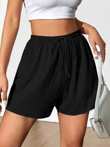 EMERY ROSE Plus Size Women Solid Color Drawstring Waist Casual Versatile Daily Wear Shorts - Black - View 4