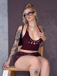 Arliah Áo ba lỗ hở lưng cổ yếm cắt cúp phong cách Punk dành cho nữ - Đỏ - Xem 1