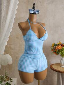 Swim Mod Bộ bikini 2 mảnh dành cho nữ, họa tiết kẻ caro ngẫu nhiên, gồm áo hai dây và quần short, thích hợp cho mùa hè đi biển. - Màu xanh nhạt - Xem 4