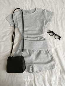 Glimmora 女士休闲两件套，灰色，圆领，舒适休闲服，适合春夏日常休闲穿着 - 淺灰色 - 查看 3