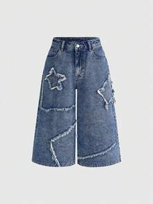 ROMWE Grunge Punk Quần short denim nữ mùa hè mới, kiểu dáng thời trang thường ngày với họa tiết thêu ngôi sao năm cánh, quần short Bermuda denim dành cho nữ. - Rửa trung bình - Xem 1