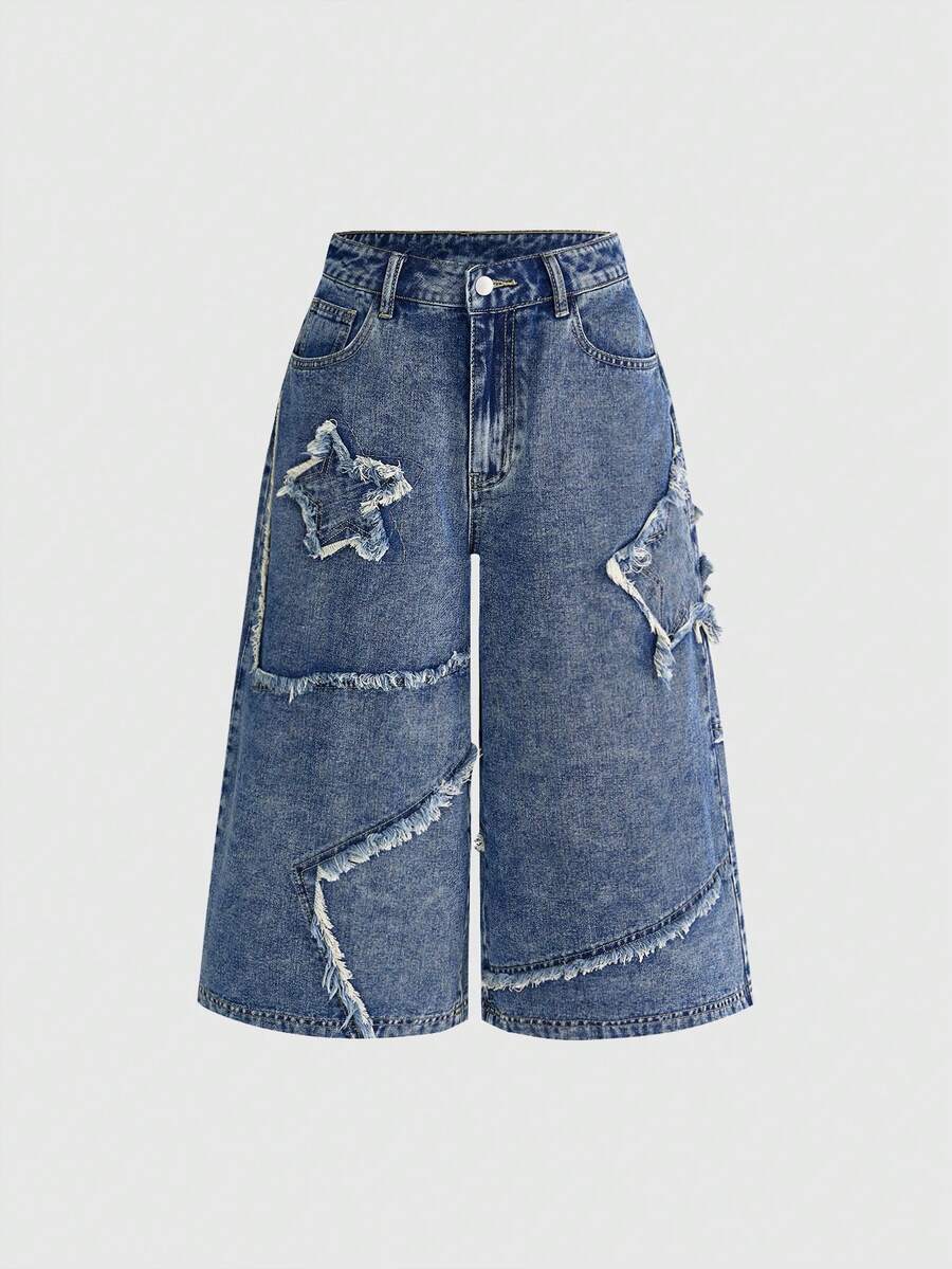 ROMWE Grunge Punk Quần short denim nữ mùa hè mới, kiểu dáng thời trang thường ngày với họa tiết thêu ngôi sao năm cánh, quần short Bermuda denim dành cho nữ. - Rửa trung bình - Xem 1