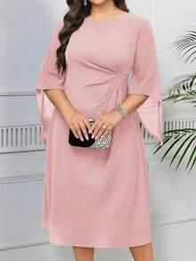 Reflora Plus Size Women Solid Color Round Neck Ruched Fashionable Date Dress - Pink - View 1