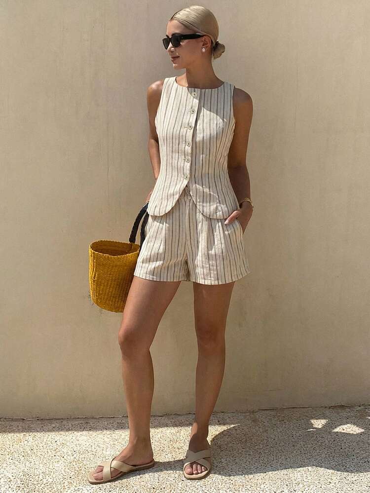 Women's Striped Single-Breasted Vest And Shorts Casual 2 Pieces Set