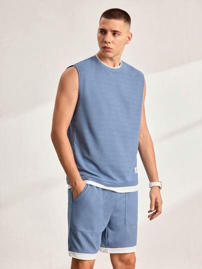 Driftmere 男士休闲字母拼布圆领背心和短裤套装，夏季蓝色两件套男士舒适服装