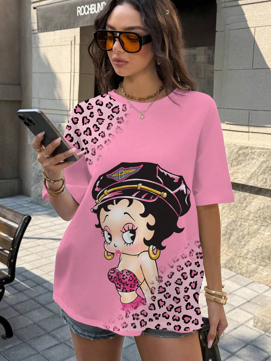 Betty Boop x SHEIN Áo thun nữ tay ngắn cổ tròn in hình hoạt hình - trắng - Xem 1