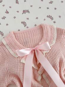 Elamini Cárdigan de manga larga con lazo y volantes en color rosa, versátil para primavera y verano - Rosa - Ver 3
