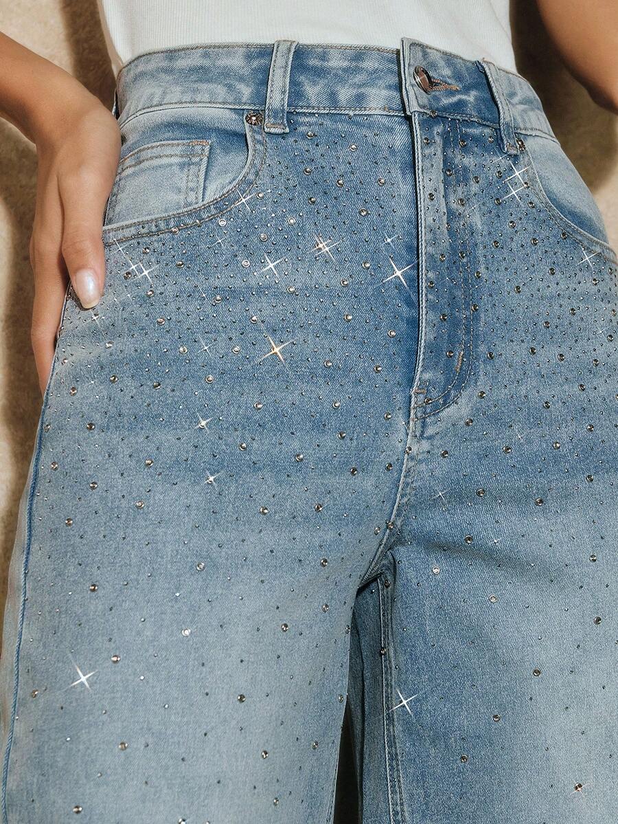 Anewsta 时尚重工水钻装饰直筒牛仔裤 - 藍色 - 查看 1