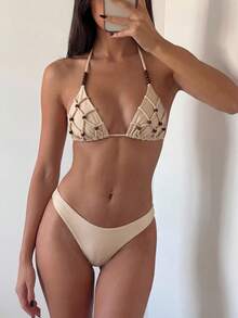 Costavie 女士手工串珠高端复古三角比基尼泳衣，串珠装饰海滩度假泳池派对性感女士泳装，纯色，春夏款，百搭 - 杏色 - 查看 2