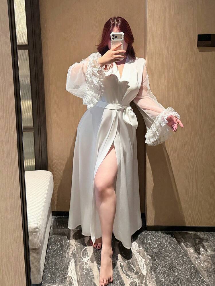 Dazy Plus Plus Size Solid Color Sheer Sexy Long Sleeve Split Robe