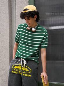 Whitmere Men's Shirt, Urban Casual Striped Business, Lightweight Knit, Loose Slim Fit Relaxed, Spring Summer - Green - View 1