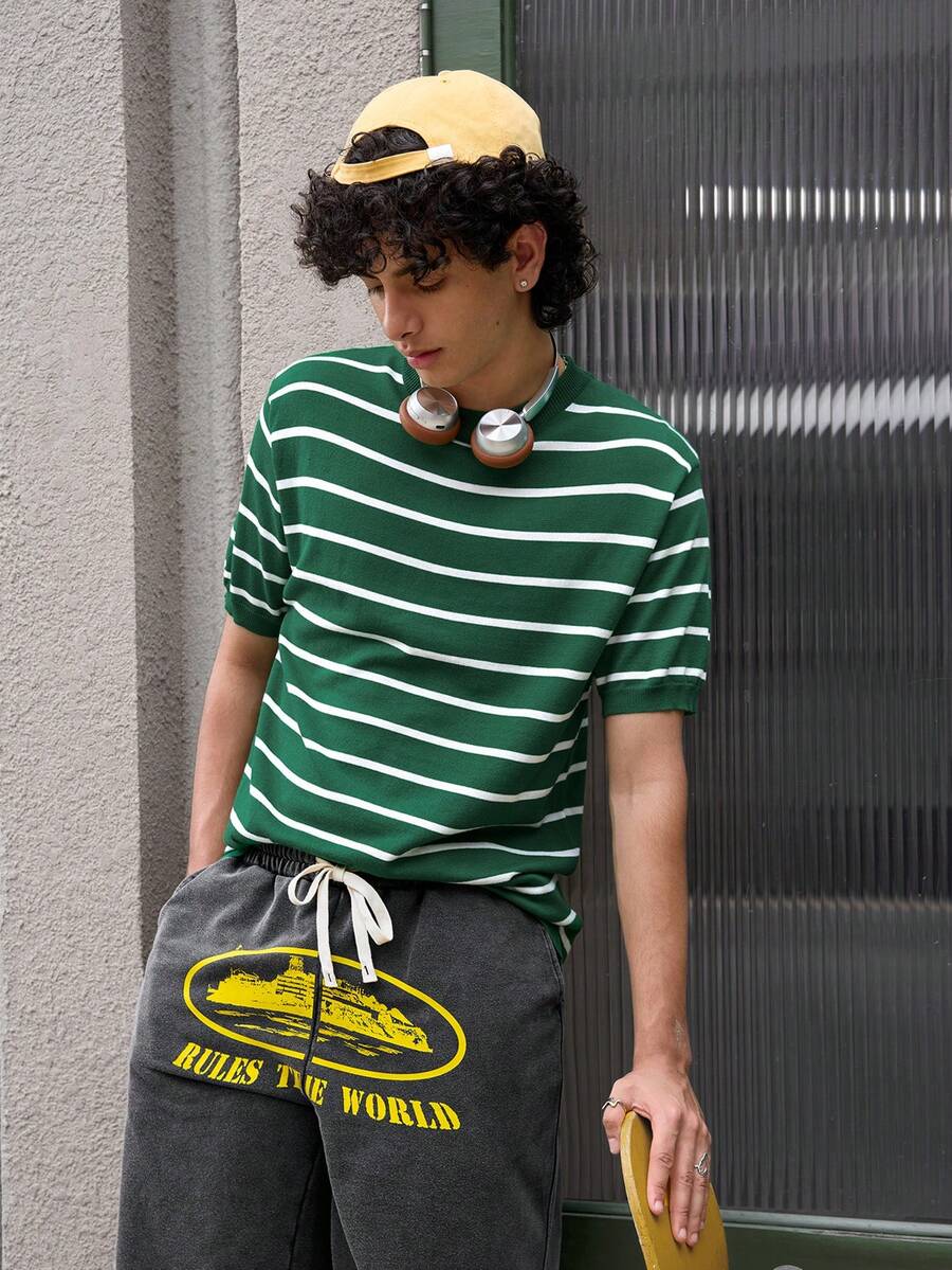 Whitmere Men's Shirt, Urban Casual Striped Business, Lightweight Knit, Loose Slim Fit Relaxed, Spring Summer - Green - View 1