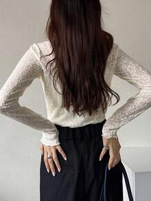 FRIFUL 女士网纱高领透视上衣，秋季叠穿单品 - 米色 - 查看 2