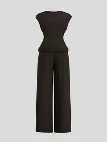 Flirla Plus Size Women's 2 Pieces Set Brown,Autumn,Elegant,Dinner Crossover Collar Metal Buckle Top & Elastic Waist Textured Wide-Leg Pants Vacation Outfit - Coffee Brown - View 4