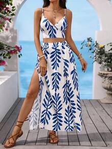 Vivid Eden 女士无袖印花露脐上衣和开衩裙两件套，春夏度假装 - 藍白色 - 查看 6