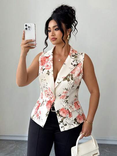 Elenzga Plus Size Women's Elegant Commuter Minimalist Lapel Sleeveless Cinched Waist Faux Pocket Decor Casual Apricot Printed Blazer