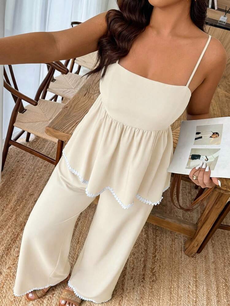 Weeklong Plus Size Women's 2 Pieces Wave Heart Ribbon Contrast Color Faux Linen Waist Casual Commuter Suit, Spring/Summer - Light Yellow - View 4