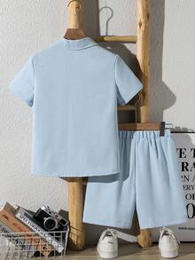 Tween Boy Summer Casual Solid Color Shirt & Shorts Set - Baby Blue - View 2