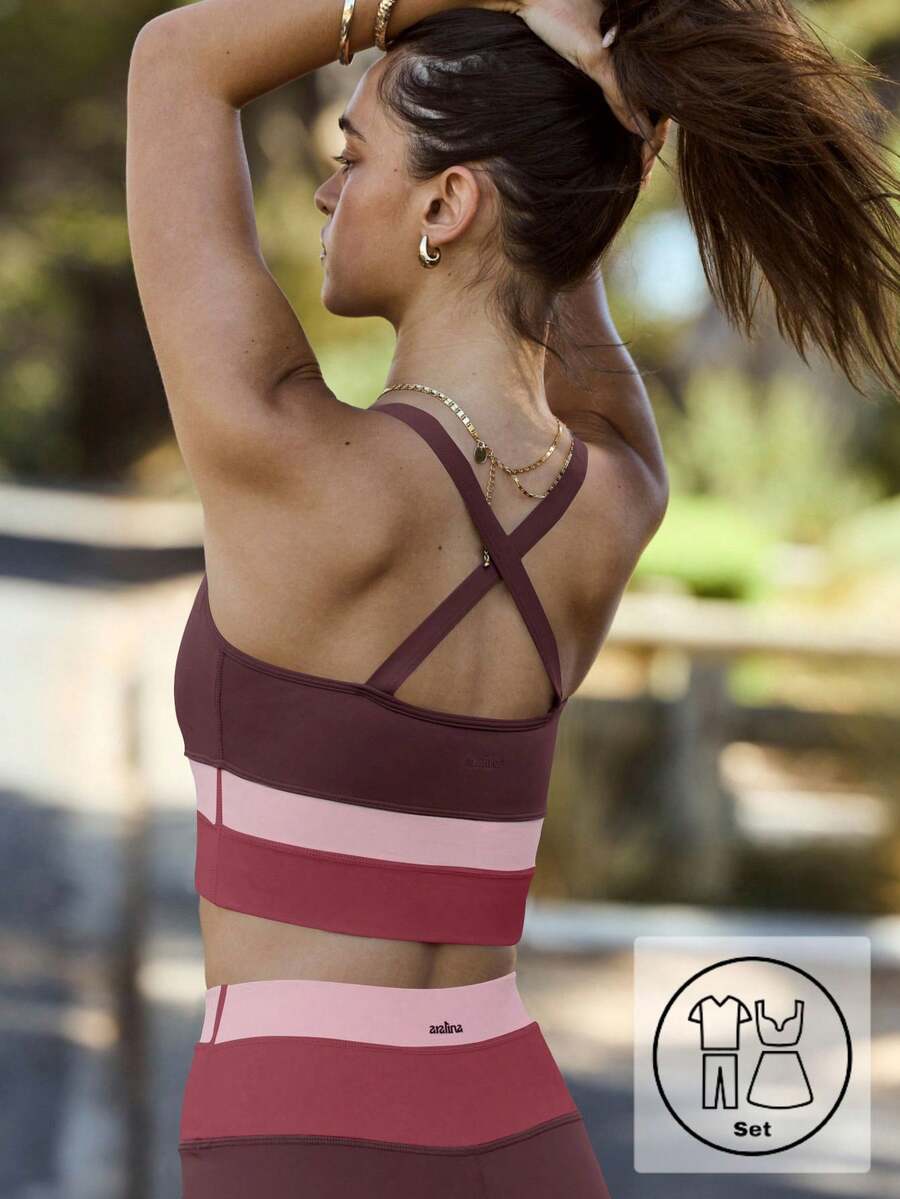 Aralina Conjunto de dos piezas de top corto y leggings de cintura alta con bloques de color sin mangas para actividades de ocio - Bold Plum - Ver 1