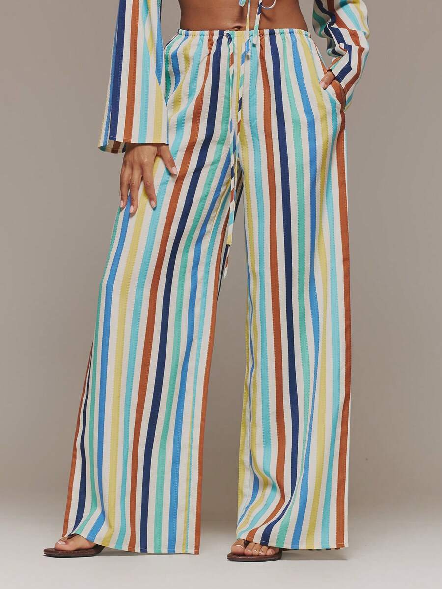 MUSERA Pantalones de pierna ancha con aspecto de lino a rayas, cubrecuerpo de playa bohemio, para playa, festival, primavera, verano, vacaciones, elegante, salida nocturna, cita - Multicolor - Ver 1