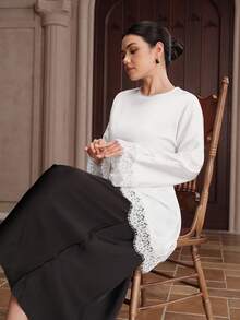 Graceveil Áo kiểu nữ thanh lịch màu trơn phối ren, vạt áo bất đối xứng - trắng - Xem 6
