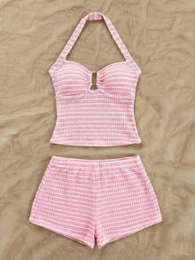 Soleia Women's Vacation Casual Striped Backless Halter Top And Shorts 2 Pieces Set - Pink - View 4