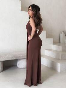 Jemour Brown Color Sexy V Neck Halter Neck Backless Sleeveless Ruched Maxi Dress,Concert Dress,Club Dress,Date Night Dress,Streetwear,Elevated Elegance Dress,Prom Dress,Rave Dress,Women Birthday Dress,Party Must Have,Spring Dress - Coffee - View 6