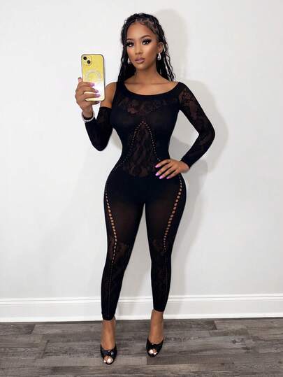 BamGleam Women's Sexy Hollow Out Oblique Shoulder Sheer Mesh Jumpsuit