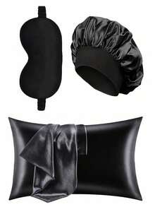 10件套睡眠美发造型工具套装，包含卷发棒、1个真丝枕套（呵护秀发和肌肤，皇后套装）、真丝免加热卷发套装、隔夜卷发棒、1个柔软睡眠眼罩、1个真丝睡眠帽，以及睡眠必备套装 - 黑色 - 查看 3