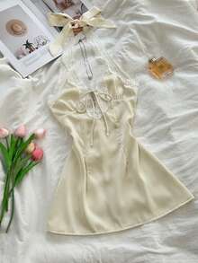 Elamini Đầm mini dáng chữ A không tay, cổ chữ V sâu, hở lưng, màu hồng thời trang, thích hợp cho nữ đi làm vào đầu xuân, thu và đông, phù hợp cho kỳ nghỉ, ngày Valentine và buổi hẹn hò. - Màu be - Xem 3