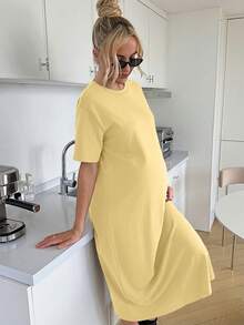 SHEIN Đầm ngắn tay dáng rộng màu trơn, thoải mái dành cho bà bầu, thích hợp mặc hàng ngày vào mùa hè. - Màu vàng - Xem 6