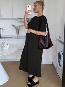 SHEIN 孕妇纯色圆领短袖休闲连衣裙 - 黑色 - 查看 3