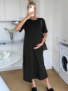 SHEIN 孕妇纯色圆领短袖休闲连衣裙 - 黑色 - 查看 9