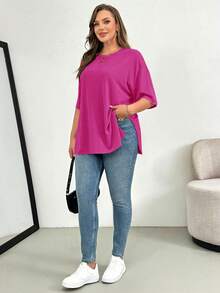 SHEIN Essnce Áo thun ngắn tay màu đen xẻ tà, kiểu dáng đơn giản, thoải mái, rộng rãi, cơ bản dành cho nữ, thích hợp mặc đi chơi, đi sân bay, phong cách mùa hè châu Âu. - Màu Đỏ Sâu - Xem 5