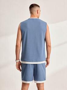 Driftmere 男士休闲字母拼布圆领背心和短裤套装，夏季蓝色两件套男士舒适服装 - 霧霾藍 - 查看 2