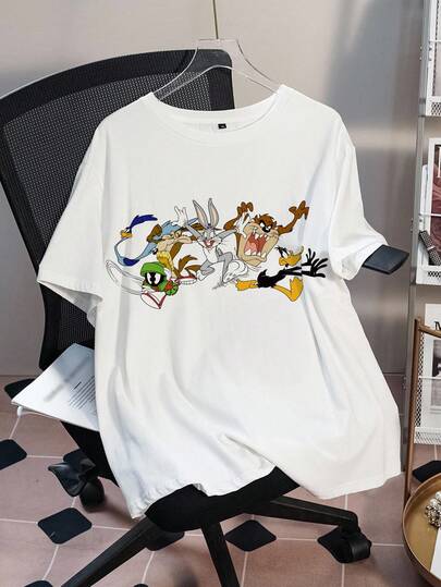LOONEY TUNES X SHEIN 大码彩色印花圆领短袖T恤