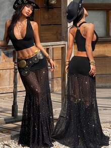 SHEIN EZwear 2PCS A Two-Piece Set Featuring A Sexy Black Knit Backless Top With A Deep V-Neck And A Sequined Skirt, Perfect For Music Festivals. A Casual And Stylish Sleeveless Vacation Set  Country Outfits For Women - Black - View 1