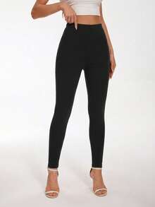 Women's Solid Mid-Rise Lounge Casual Comfortable Leggings - Black - View 3