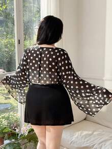 SHEIN EZwear 大码女式休闲波点印花短款套头衫 - 黑與白 - 查看 2
