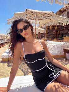 Swim Oasis 1pc Adjustable Strap Removable Padded Contrast Color Splice One-Piece Swimsuit Top & Short Skirt Set For Women, Fashionable & Sexy, Spring/Summer - Black and White - View 2