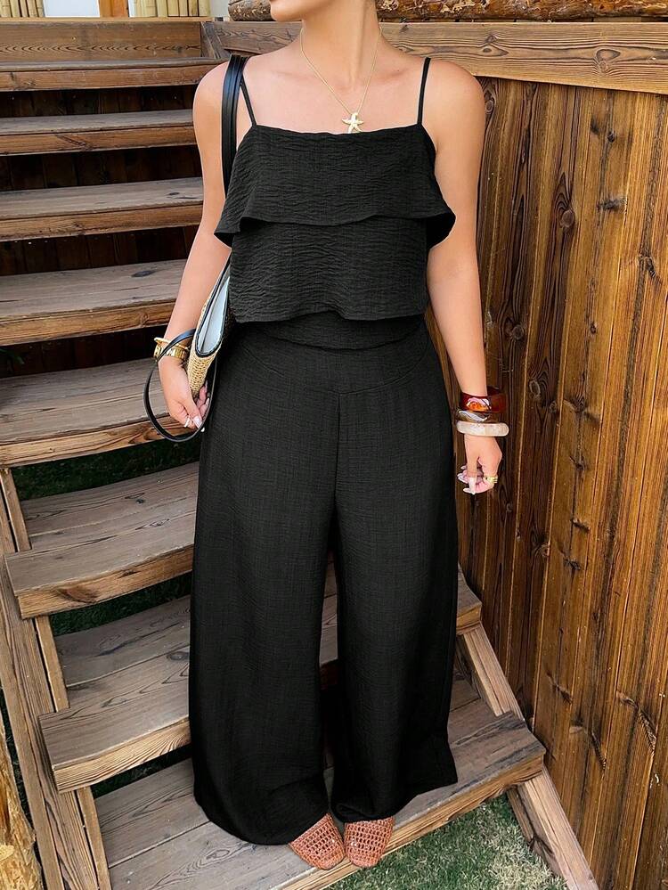 Dazy Plus Spring & Summer Vacation Style Cropped Camisole Top With Ruffle Hem And Casual Pants Set, Plus Size