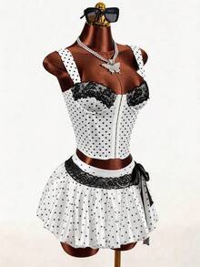 Mistrie Áo hai dây chấm bi dáng ngắn, áo hai dây ôm sát, áo tank top hai dây cho nữ. - trắng - Xem 5