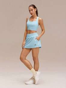 GLOWMODE FeatherFit™-Sujetador deportivo de apoyo lateral de cobertura total con tirantes anchos y cruzados, de soporte ligero y de bajo impacto, ideal para yoga y uso diario - Azul - Ver 7
