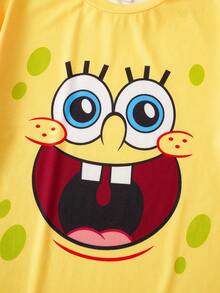 SpongeBob SquarePants | SHEIN 女士休闲卡通印花圆领睡裙，适合日常穿着 - 黃色 - 查看 6